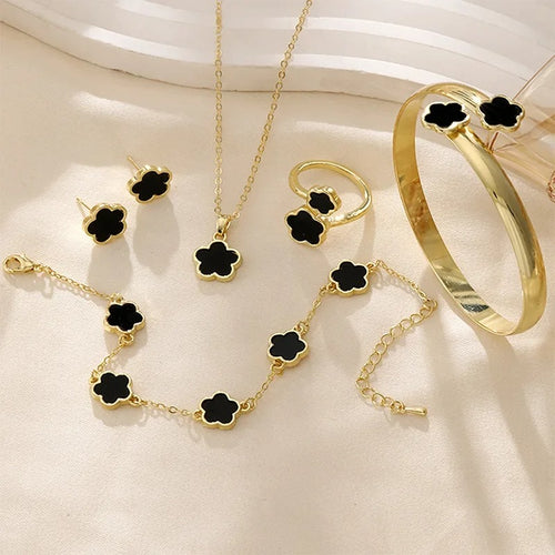 5Pcs Lucky Five-petal Flower Clover Earrings Necklace Ring Bracelet