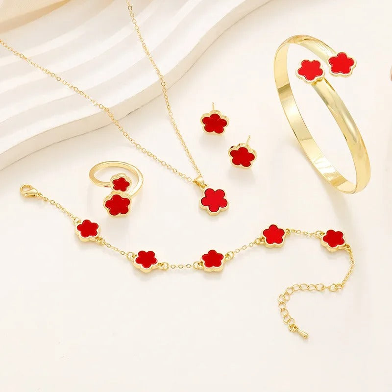 5Pcs Lucky Five-petal Flower Clover Earrings Necklace Ring Bracelet