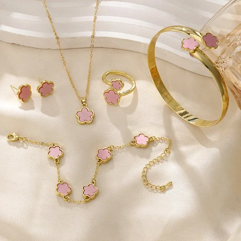5Pcs Lucky Five-petal Flower Clover Earrings Necklace Ring Bracelet