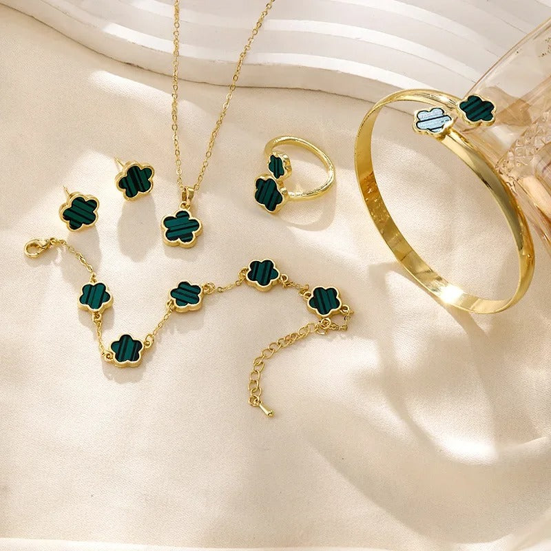 5Pcs Lucky Five-petal Flower Clover Earrings Necklace Ring Bracelet