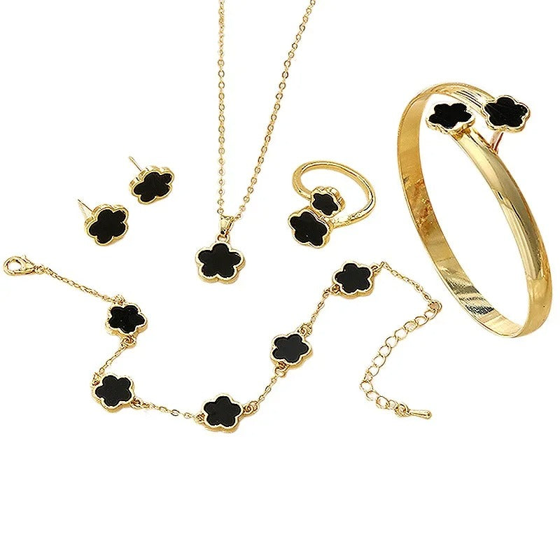 5Pcs Lucky Five-petal Flower Clover Earrings Necklace Ring Bracelet