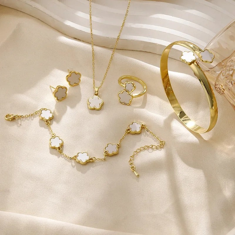 5Pcs Lucky Five-petal Flower Clover Earrings Necklace Ring Bracelet